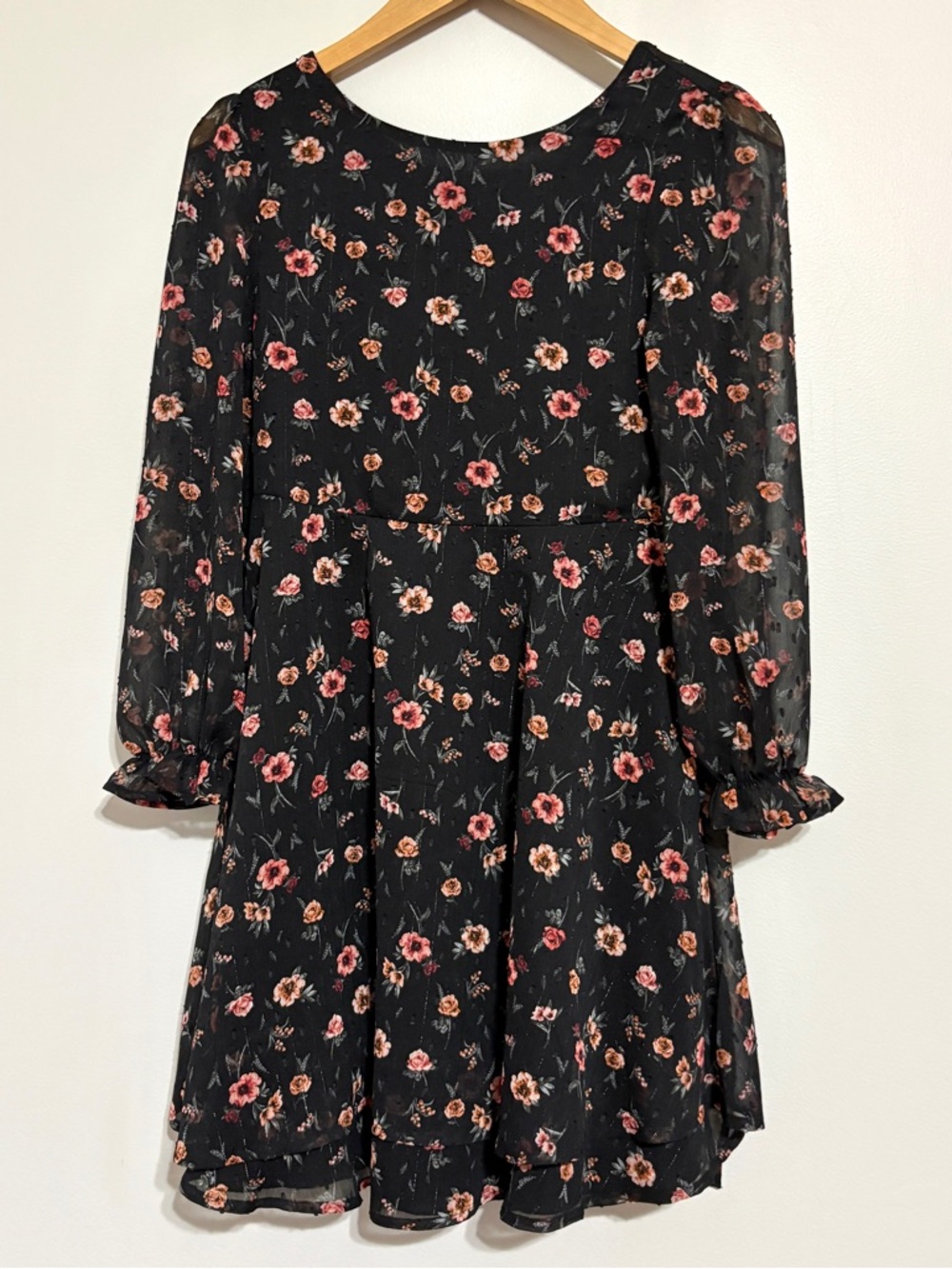Xtraordinary Black Floral Chiffon Mini Dress Pink & Peach Ditsy Blooms NEW Sz 16